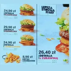 Ile kosztuje wieśmac? Klasyczny Drwala 24,90 zł, podwójny 29,90 zł, z kurczakiem 24,90 zł, a z żurawiną 26,40 zł.