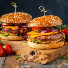 Dwa soczyste burgery z serem, warzywami i sezamową bułką na drewnianej desce.