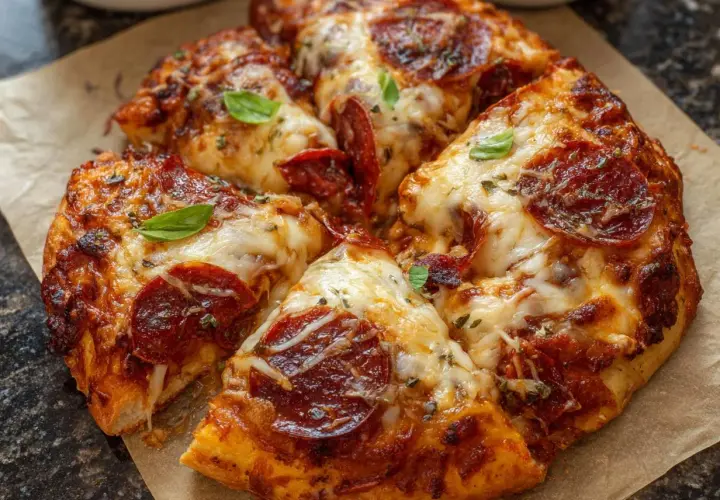 Gotowe ciasto na pizzę z pepperoni i ciągnącym serem, ozdobione listkami bazylii. Idealne na szybki obiad.