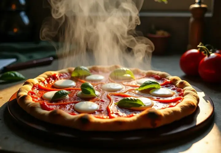 Gorąca pizza margherita paruje, unosząc kuszący aromat. Czy pizza jest ciężkostrawna? Ta wygląda apetycznie!