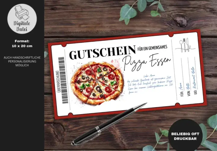 Voucher na pizzę z napisem "Gutschein für ein gemeinsames Pizza Essen". Idealny na prezent.