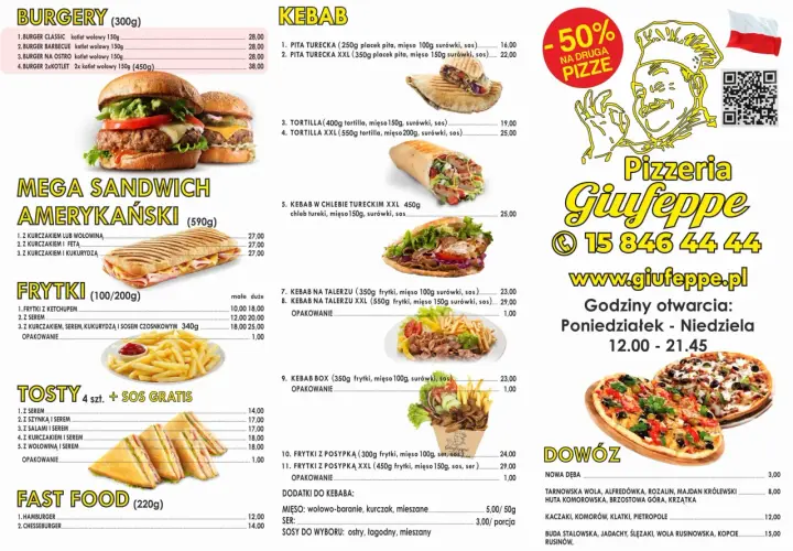 Menu Pizzerii Giuseppe: burgery, kebab, tosty, frytki i fast food. Zamów pyszny kebab Giuseppe!