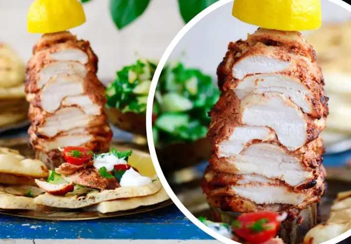 Soczysty kurczak döner na talerzu z pitą, pomidorkami i sałatką. Cytryna na wierzchu dodaje świeżości.