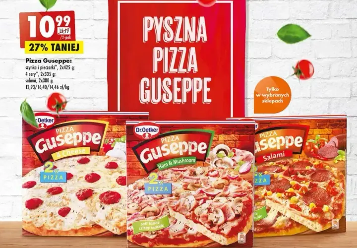 Pyszna pizza Guseppe w promocji! Wybierz spośród wariantów 4 sery, szynka i pieczarki lub salami. Najlepsza mrożona pizza czeka!