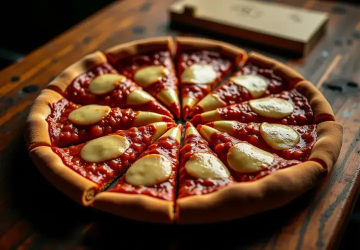 Duża pizza z Pizza Hut, pokrojona na 8 kawałków, z sosem pomidorowym i serem. Idealna na spotkanie z przyjaciółmi.