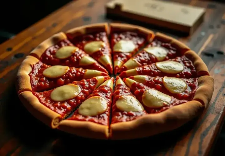 Apetyczna pizza Hut średnia, pokrojona na kawałki, z sosem pomidorowym i serem. Idealna na wspólne spotkanie.