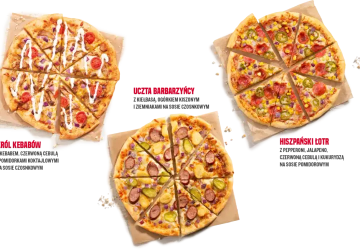 Trzy pizze Pizza Hut: Król Kebabów, Uczta Barbarzyńcy i Hiszpański Łotr. Różne rozmiary pizzy dostępne w menu.