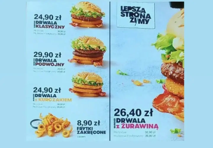 Drwala Klasyczny 24,90 zł, Drwala Podwójny 29,90 zł, Drwala z Kurczakiem 24,90 zł, Drwala z Żurawiną 26,40 zł.