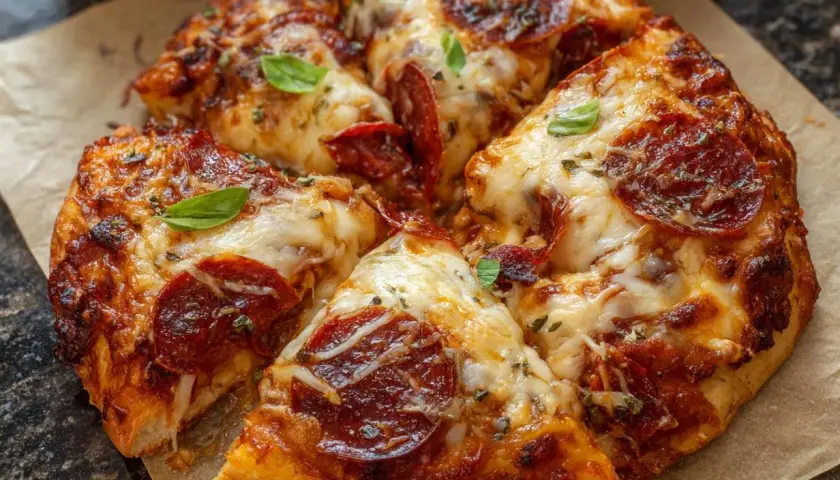 Gotowe ciasto na pizzę z pepperoni i ciągnącym serem, ozdobione listkami bazylii. Idealne na szybki obiad.