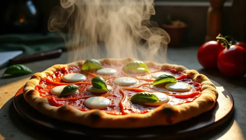Gorąca pizza margherita paruje, unosząc kuszący aromat. Czy pizza jest ciężkostrawna? Ta wygląda apetycznie!
