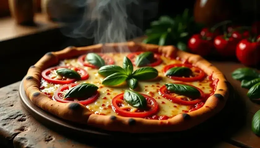 Gorąca pizza margherita z pomidorami i bazylią, parująca na drewnianym blacie. Idealne składniki na pizzę.
