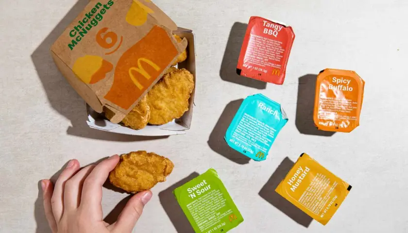 Nuggetsy McDonald kcal. Zestaw 6 McNuggetsów z sosami: Tangy BBQ, Spicy Buffalo, Ranch, Sweet 'N Sour i Honey Mustard.