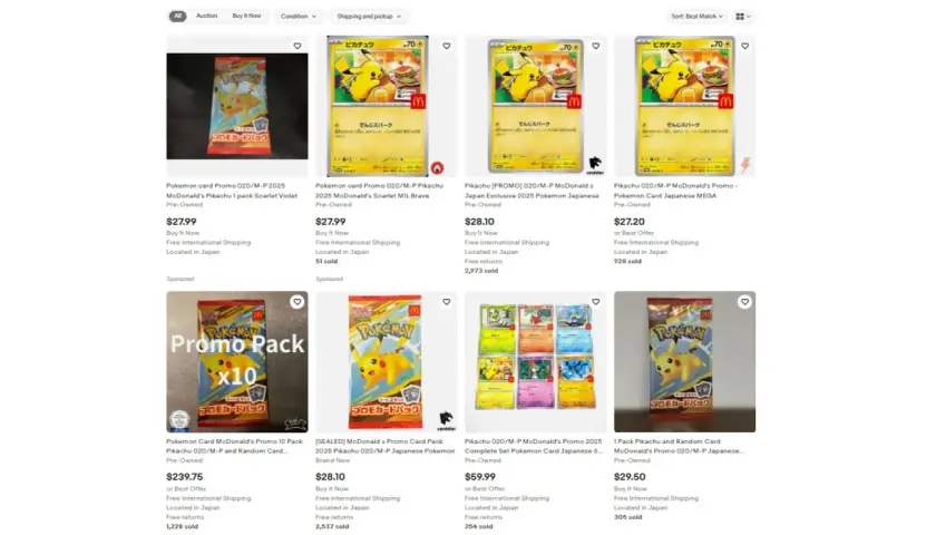 Karty Pokémon z McDonald's, w tym Pikachu z promocji 2025.