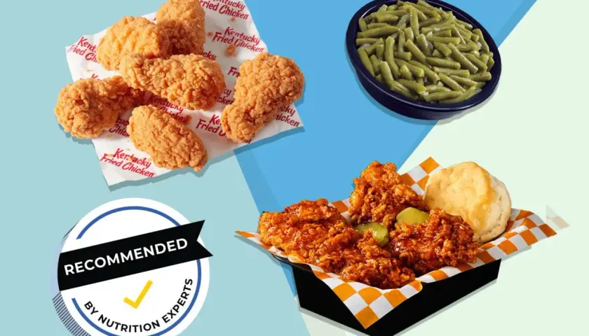Kawałki smażonego kurczaka KFC, fasolka szparagowa i bułeczka. Zastanawiasz się nad frytki KFC kcal?