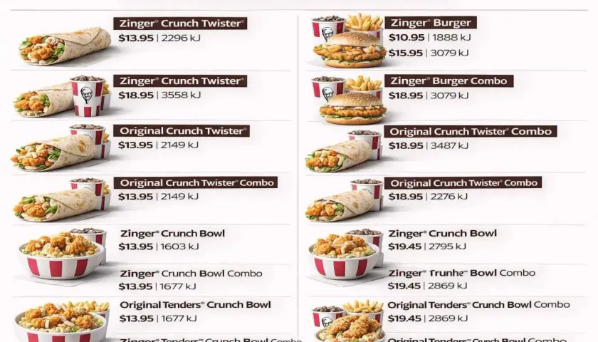 Menu KFC z twisterami i bowlami. Zobacz ceny i kcal (kJ) dla Zinger Crunch Twister, Zinger Burger, Original Crunch Twister i innych.