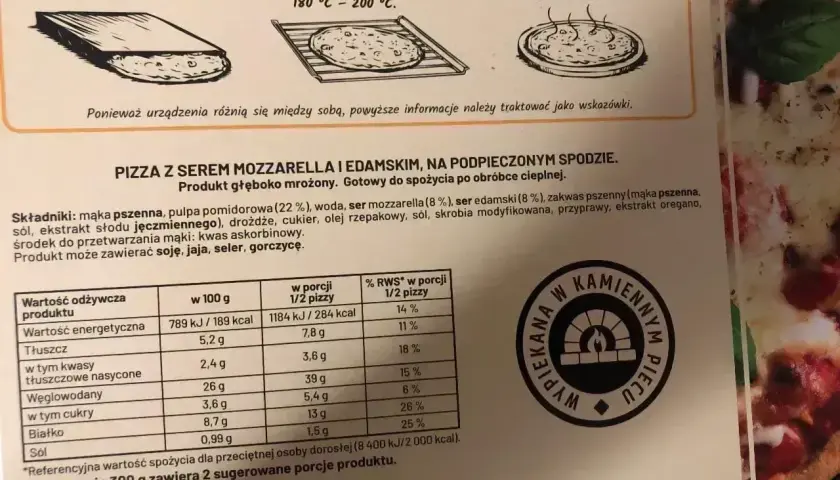 Instrukcja: jak pizza Dr. Oetker piec. Wyjmij z opakowania, umieść na ruszcie w piekarniku nagrzanym do 180-200°C i piecz ok. 10 minut, aż ser się roztopi.