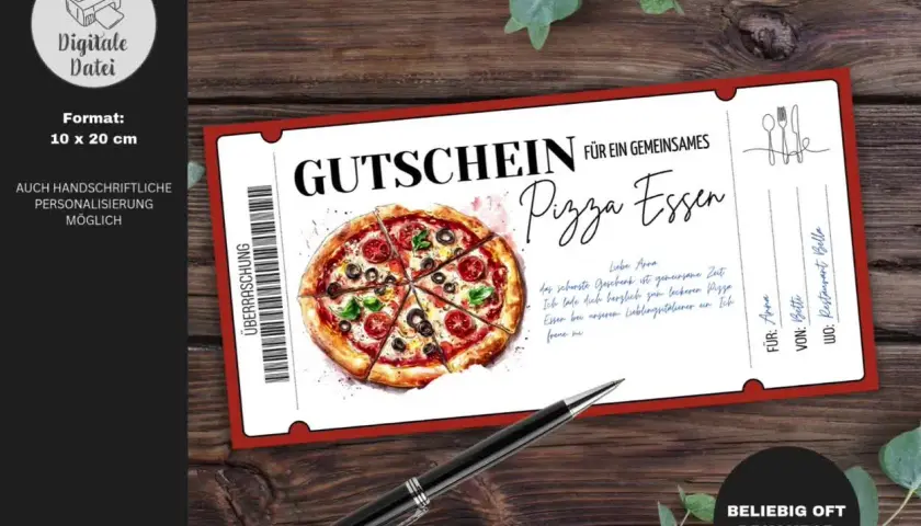 Voucher na pizzę z napisem "Gutschein für ein gemeinsames Pizza Essen". Idealny na prezent.