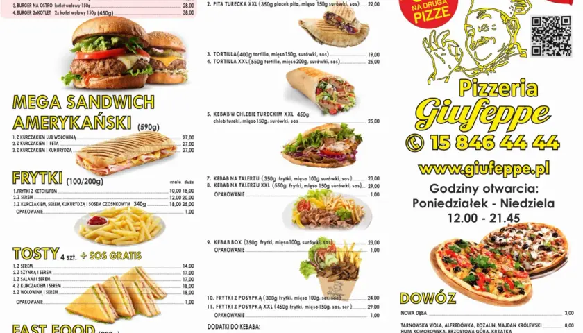 Menu Pizzerii Giuseppe: burgery, kebab, tosty, frytki i fast food. Zamów pyszny kebab Giuseppe!