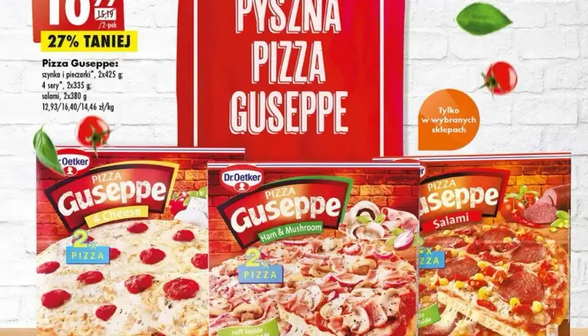 Pyszna pizza Guseppe w promocji! Wybierz spośród wariantów 4 sery, szynka i pieczarki lub salami. Najlepsza mrożona pizza czeka!