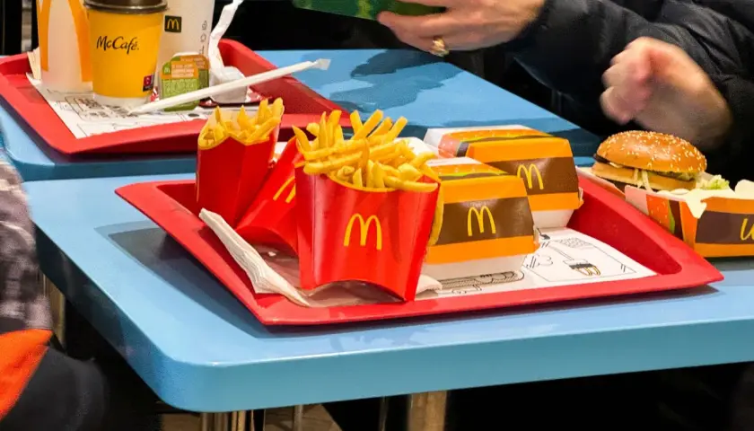 Na stole leżą tace z McDonald's. Widać frytki, burgery i napoje. Idealny zestaw na szybki posiłek, sprawdzamy happy meal cena.