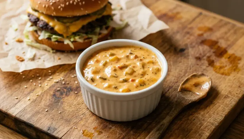 Pyszny, kremowy sos do mcchickena, idealny do burgerów. Na drewnianej desce obok burgera stoi miseczka z tym wyjątkowym sosem.