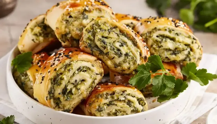 Roladki ze szpinakiem i serem, świetny pomysł, co zrobić z ciasta na pizzę. Posypane sezamem i czarnuszką.