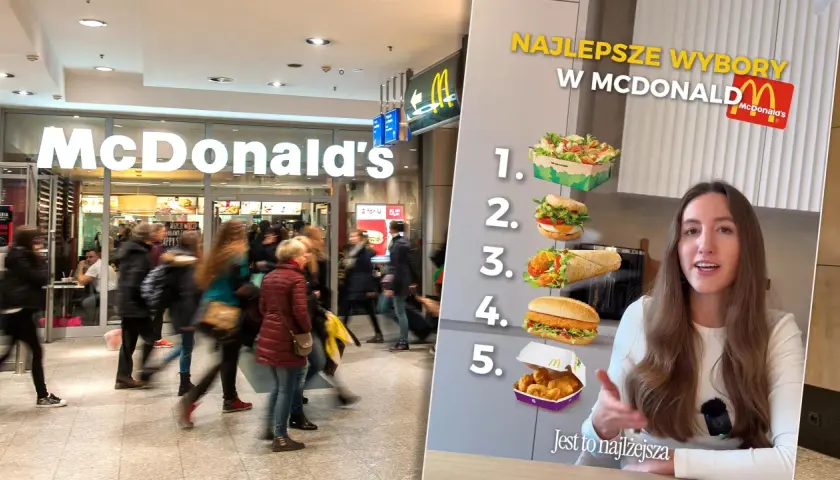 Ranking "Najlepsze wybory w McDonald's", gdzie widać wejście do restauracji i listę dań, od sałatki po nuggetsy. Sprawdzamy, co ma najmniej kalorii w Mc.