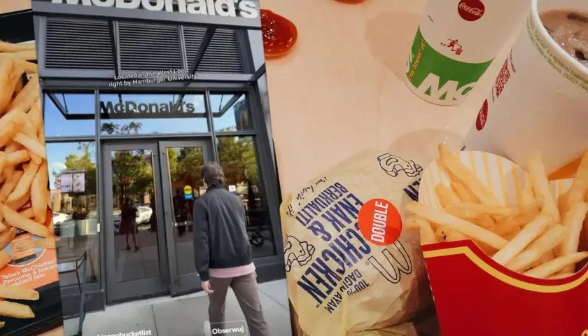 Nowości McDonald's: burger, frytki i napoje. Na ekranie zdjęcie wejścia do restauracji McDonald's w Chicago.