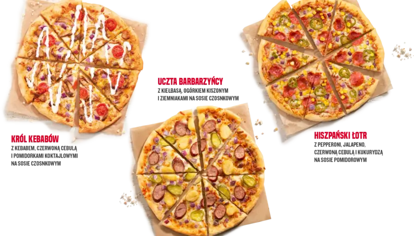 Trzy pizze Pizza Hut: Król Kebabów, Uczta Barbarzyńcy i Hiszpański Łotr. Różne rozmiary pizzy dostępne w menu.