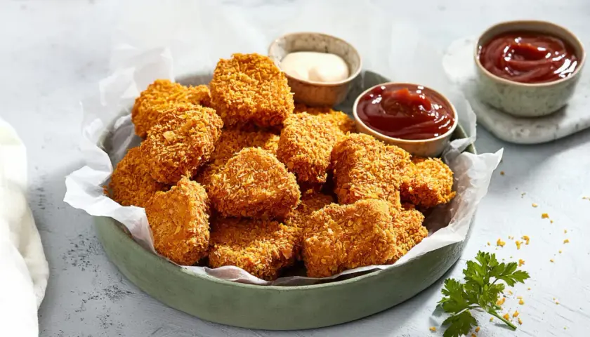 Chrupiące nuggetsy w panierce, idealne na przekąskę. Zastanawiasz się nad ich kcal? Podane z ketchupem i sosem majonezowym.