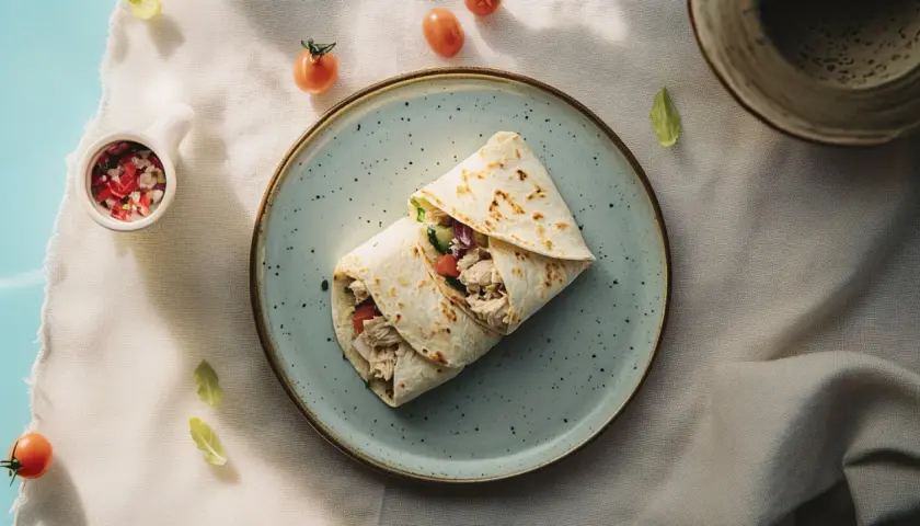 Pyszny snack wrap z kurczakiem i warzywami na talerzu, otoczony pomidorkami i listkami.