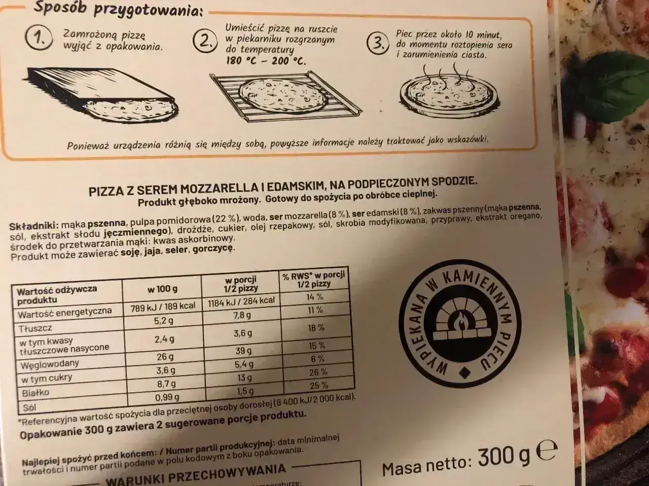 Instrukcja przygotowania pizzy Guiseppe: piecz w temperaturze 180-200°C przez ok. 10 minut.