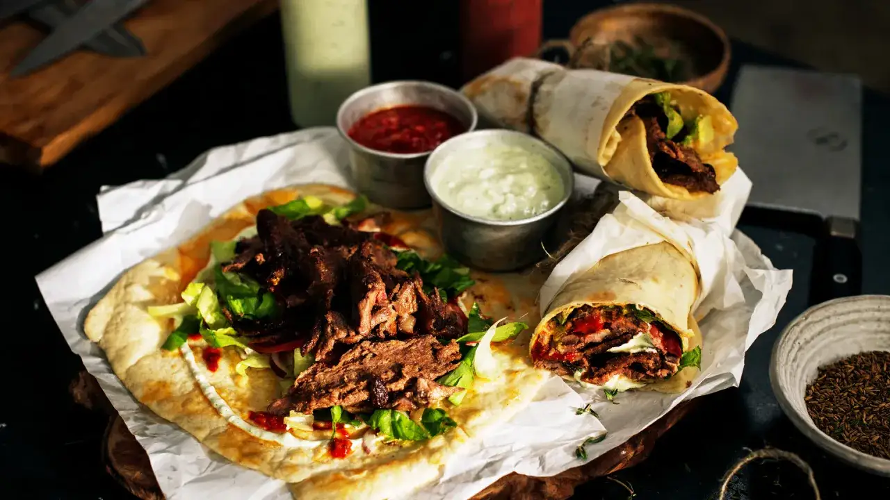 Pyszny lawasz kebab z soczystym mięsem, świeżą sałatą i sosami. Dwa zawinięte tortille i jeden otwarty na desce.