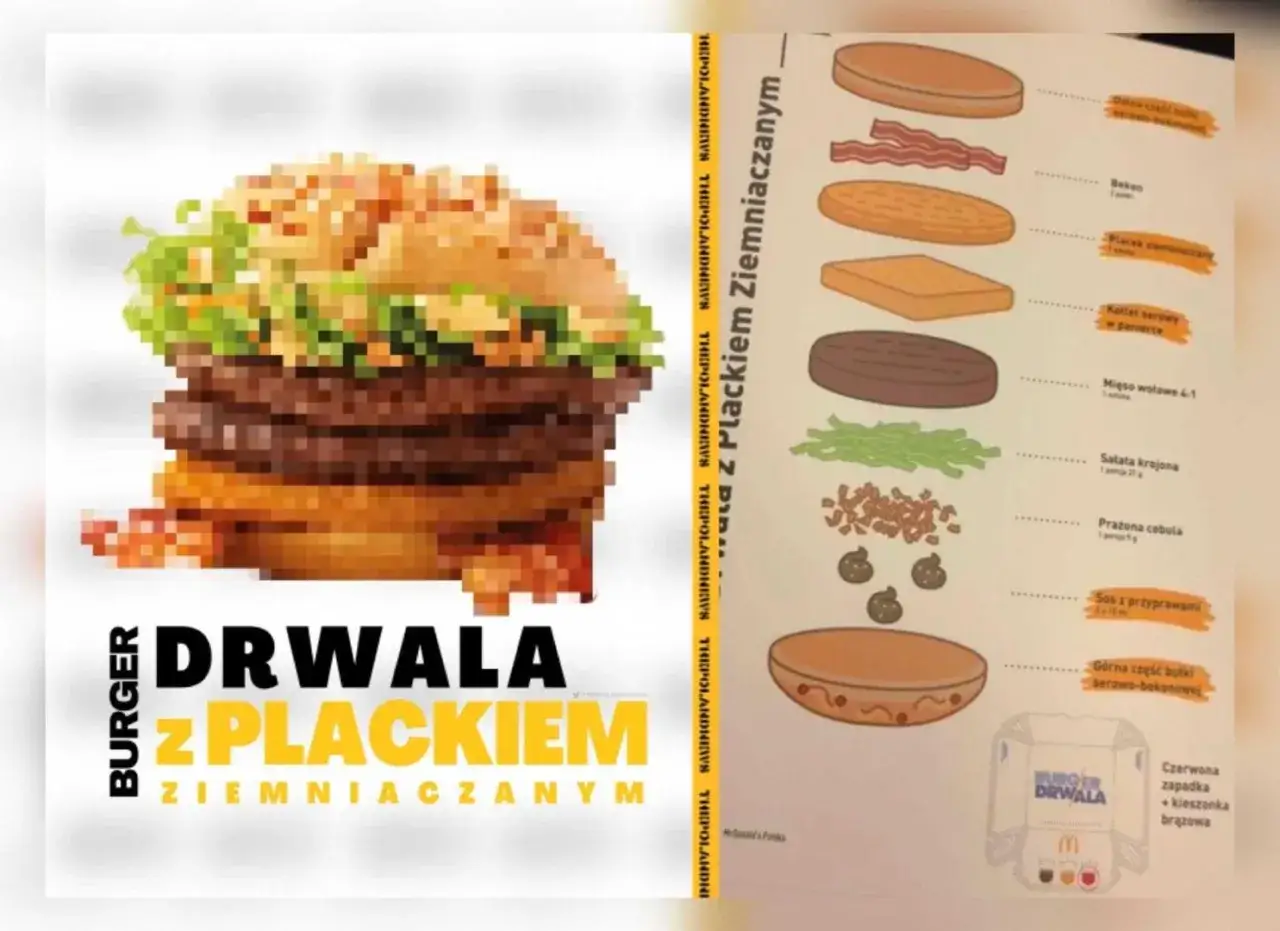 Burger Drwala z Plackiem Ziemniaczanym od McDonald's – potężna kanapka z dwoma kotletami wołowymi, plackiem ziemniaczanym, bekonem i sosem.